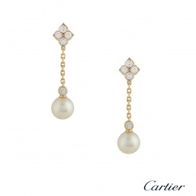 Cartier 18k Yellow Gold Diamond & Pearl Drop Earrings 